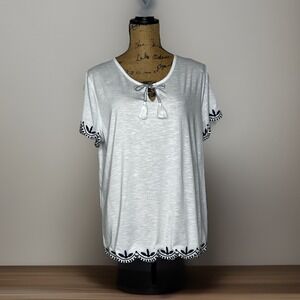 Liz Claiborne White Top Eyelet Lace Trim Short Sleeves Women's XL Cottagecore